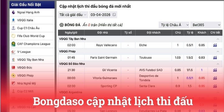 Lịch thi đấu trên hệ thống được hiển thị đầy đủ và chính xác trên bongdaso