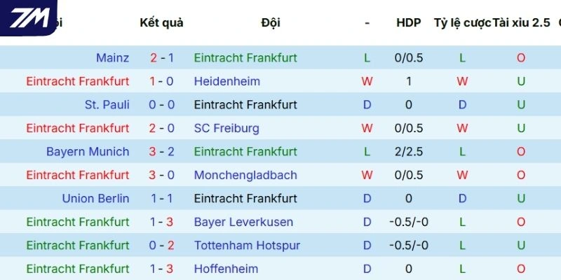 Hiệu suất thi đấu của Frankfurt thời gian qua