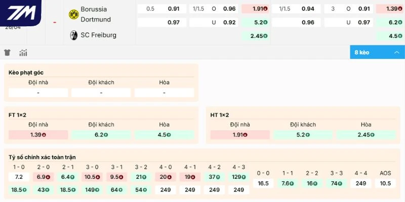 Nhận xét tỷ lệ kèo ở trận Dortmund vs Freiburg