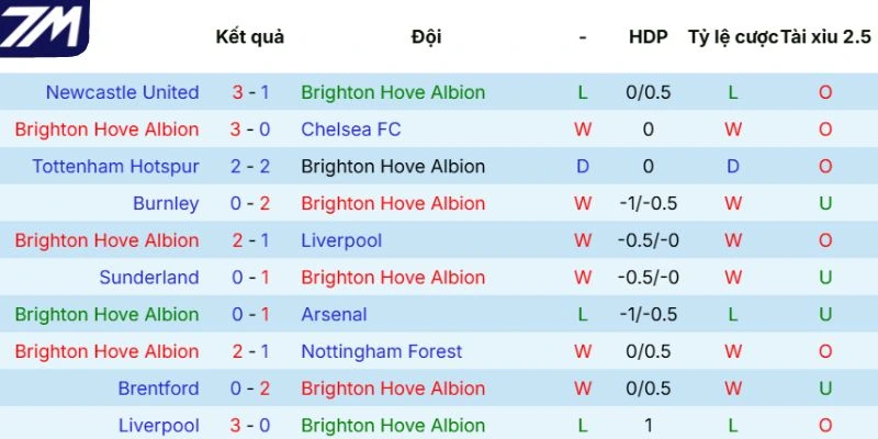 Phong độ của Brighton gần đây