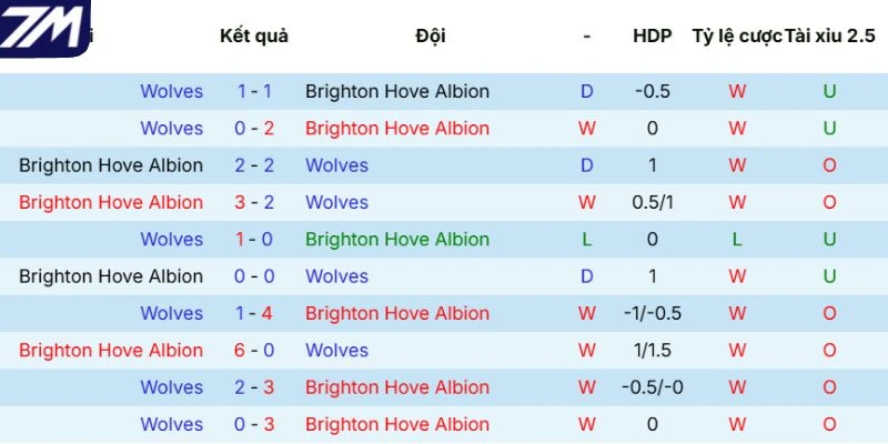 Lịch sử gặp mặt giữa Brighton vs Wolves