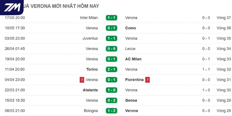 Thành tích vừa qua của Hellas Verona